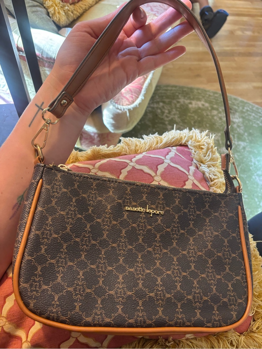 Nanette Lepore Brown Logo-Print Shoulder Bag with Tan Trim